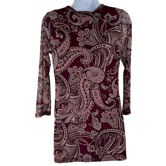 INC Burgundy Paisley Sheer Beaded V Neck 3/4 Sleeve Blouse Tunic Size Small EUC - Picture 2 of 9